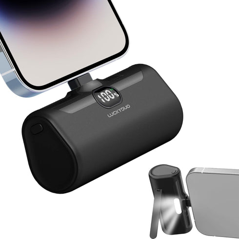 Mini Portable Charger 5000mAh, Ultra Compact Power Bank with Built-in Phone Holder, LED Light, LCD Display for Travel,