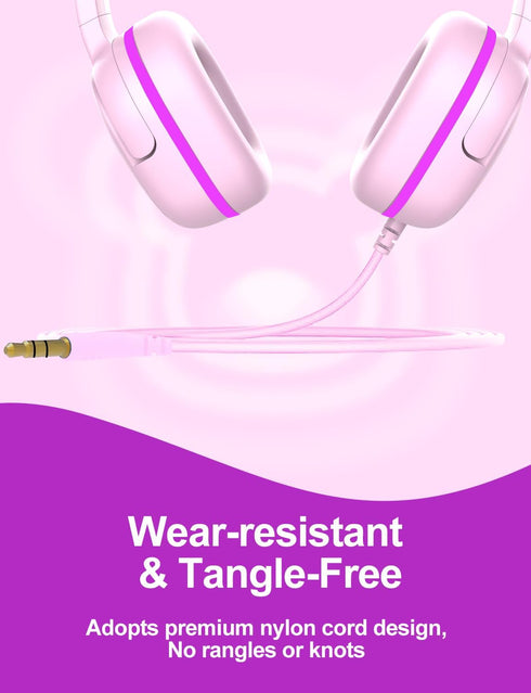 Kids Headphones with Safe Volume Limiter, 3.5mm Wired On-Ear Headphones for School, HD Stereo Sound (Pink)