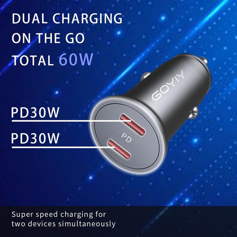 USB C Car Charger with 60W Braided Cable, Mini 60W Fast Charging Cigarette Lighter, Dual PD3.0 Charger for iPhone 15,