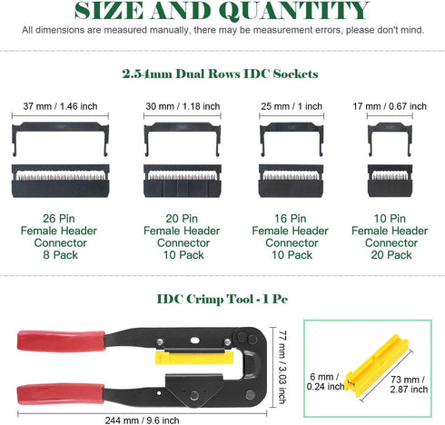 Keadic 49 Pieces FC-10 16 20 26 Pin Female Header IDC Cable Connector 2.54mm Pitch with IDC Crimp Tool, for Flat Ribbon Cable and IDC Connectors