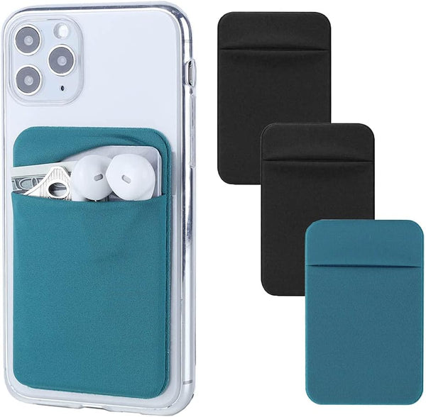 3 Pack Cell Phone Card Holder Pocket for Back of Phone - Stretchy Stick on Wallet for Credit Card ID Case - 2 Black + 1