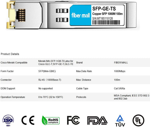 SFP to RJ45 for Cisco Meraki MA-SFP-1GB-TX 1000Base-T Copper RJ-45 Mini GBIC Transceiver Module