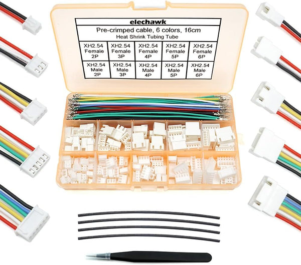 XH 2.54mm Connector Kit - JST XH Compatible 2.5mm Pitch Male Female Sockets, Plugs, and 22AWG Pre-Crimped Cables