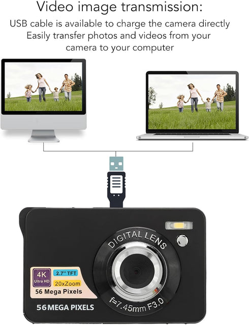 FHD 4K 56MP Compact Digital Camera with 20X Zoom, Autofocus, Waterproof for Photography Vlogging
