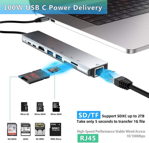HRIOEKAX 8 1 4K RJ45 100W USB3.0 USB C Hub Multiport Adapter with Ethernet, Laptop Docking Station in Hub with HDMI PD