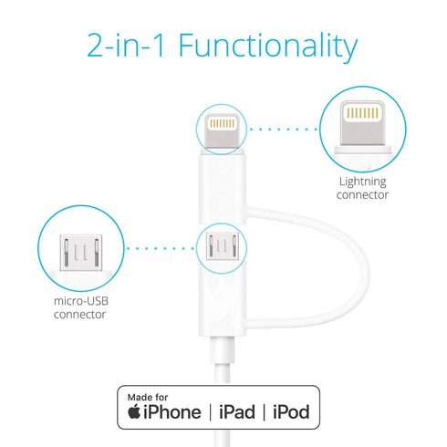 Apple MFi Certified 2 in 1 Lightning & Micro USB Charger Cable, 6FT, Compatible with iPhone X, 8, 7 Plus, Android.