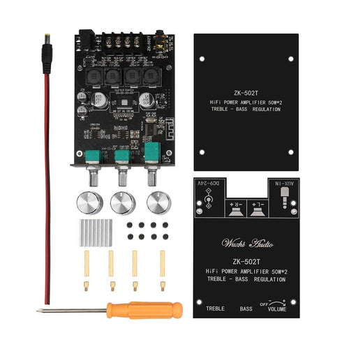 ZK-502T Bluetooth 5.0 Power Amp Audio Amplifiers Board, 2.0 Channel 50W+50W Mini Stereo Amplifier Module with Treble