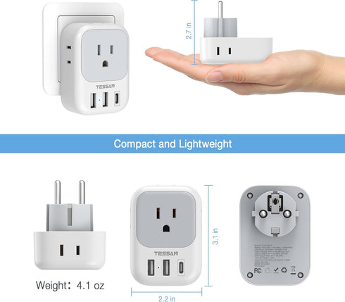 TESSAN Type E F Plug Adapter, Germany France Power Adapter with 3 USB Ports and 4 AC Outlets for US to Europe Travel
