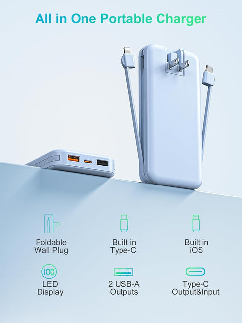 Portable Charger Built-in Cables and AC Wall Plug, USB C 12000mAh Slim Power Bank Fast Charging Battery Pack Lightweight Power Bank Travel Essentials Compatible with Smart Phones, Tablets(Blue)