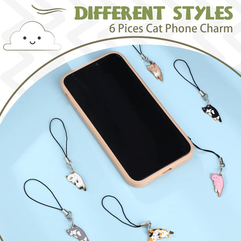 Yinkin 6 Pieces Kawaii Cat Charm for Mobile Phone - Cute Hanging Cat for Backpack, Wallet, Keychain Pendant