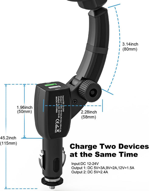 Cigarette Lighter Car Phone Holder Charger, Dual USB Fast Charging Mount with Adjustable Arm & 360° Rotating for iPhone