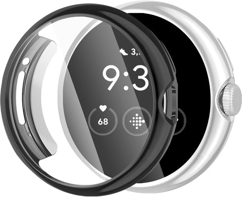 Amzpas 2 Pack Screen Protector Case for Google Pixel Watch, Soft Plated TPU Full Around Protective Cover, Black+Silver