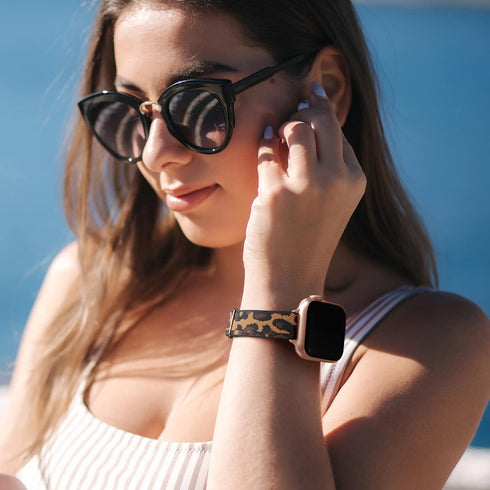 SICCIDEN Slim Stretchy Bands Compatible with Apple Watch Band 49mm 45mm 44mm 42mm, Women Nylon Thin Strap (Leopard/Rose