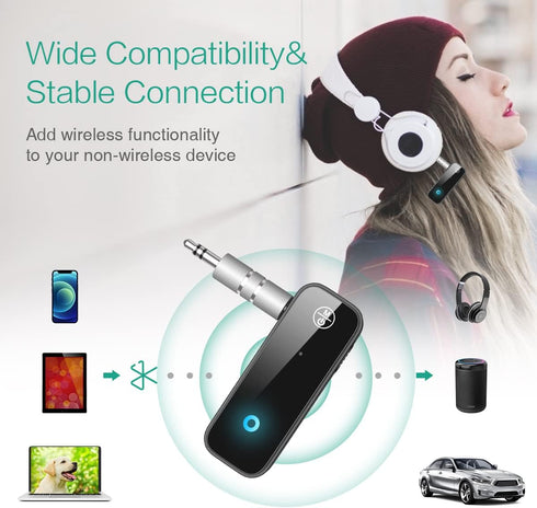 ORIA Bluetooth 5.0 Wireless AUX Adapter, Music Receiver for Car/Wired Speaker, 3.5 Aux Port, Dual Device Connection