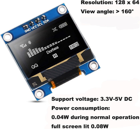 DORHEA 1Pack 0.96 Inch SSD1306 128x64 I2C OLED Display Module Pixel IIC Self-Luminous Screen Board White Compatible
