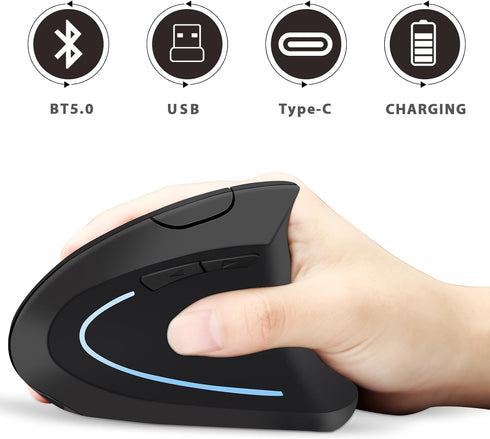 Ergonomic Wireless Mouse, Bluetooth Vertical Mouse with Three-mode Connection: BT5.0+USB A+USB C, Rechargeable, Black