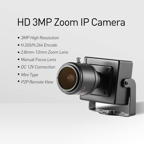 Revotech Zoom Mini Security IP Camera, HD 3MP Indoor CCTV with 2.8-12mm Manual Zoom Lens, Black