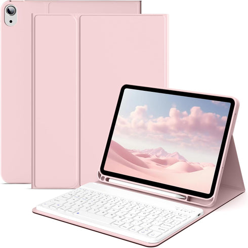 KENKE for iPad 10th Generation Keyboard Case with Pencil Holder, Bluetooth Wireless Detachable Folio Cover - Pink