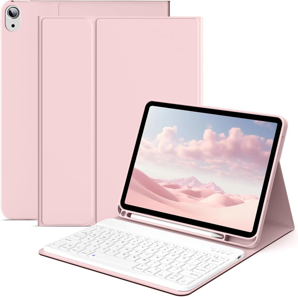 KENKE for iPad 10th Generation Keyboard Case with Pencil Holder, Bluetooth Wireless Detachable Folio Cover - Pink