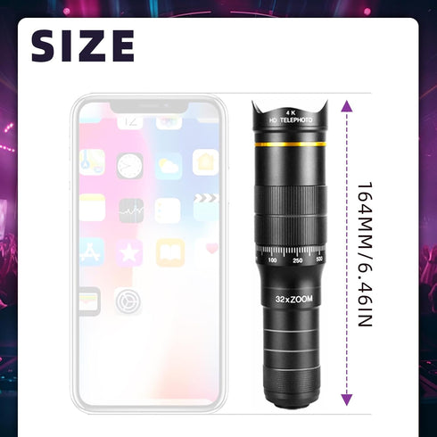 Flylin 32X 0.63X 198 Phone Camera Lens Kit, Long Focus Telephoto High Power HD Lens Wide Angle Macro Fisheye for Most
