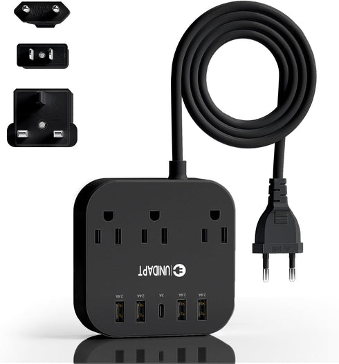 European Plug Adapter, Unidapt US to UK Power Strip with USB C and 4 USB Ports, 3 AC Outlets, 5ft Extension Cord
