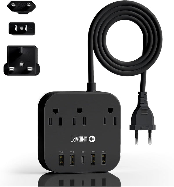 European Plug Adapter, Unidapt US to UK Power Strip with USB C and 4 USB Ports, 3 AC Outlets, 5ft Extension Cord