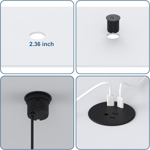 Haylink Grommet, 2X 20W 6.56FT 2.36"(60mm) Desk Power Recessed Power Strip with AC Outlet & PD USB C | Cable | Cut