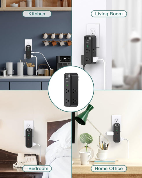 Surge Protector Outlet Extender, 6 AC Multi Plug with 3 USB Ports, 1800J Wall Charger, Black