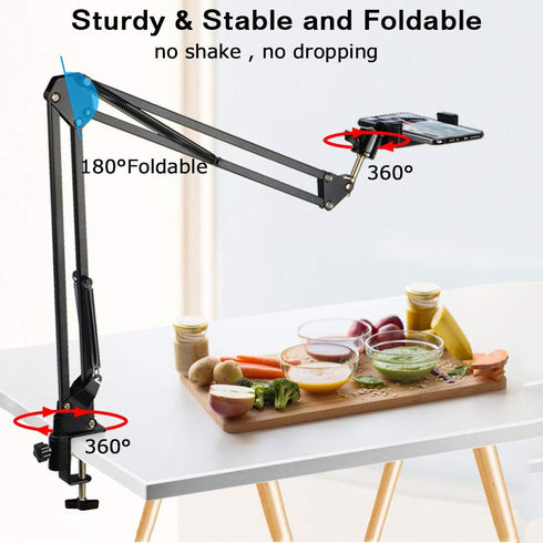Cell Phone Holder,Overhead Video Phone Mount,Articulating Arm Webcam Stand Lazy Desk Arm,Desktop Suspension Scissor Accessory for Live Streaming,Video Recording,Drawing,Cooking Flat Photography