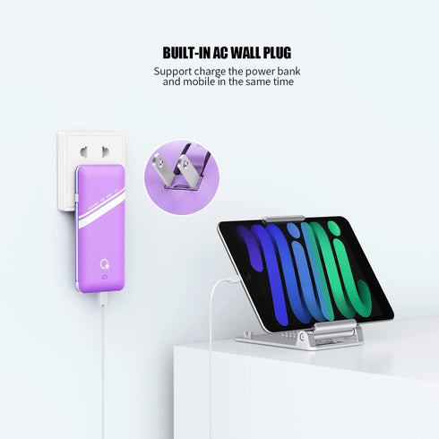 10000mAh Power Bank, Q Slim Portable Charger, 4 Output External Battery Pack with Built-in AC Wall Plug, Micro USB C