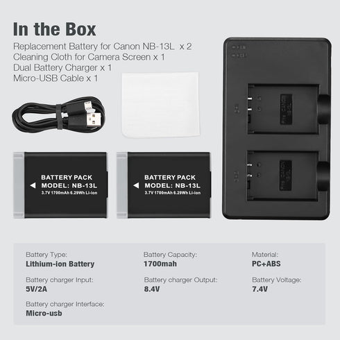 NB-13L Battery 2 Pack Replacement Li-ion Batteries and USB Dual Charger for PowerShot G1X G5X G7X Mark II III