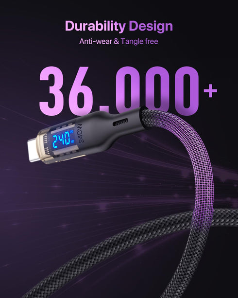 240W USB C to USB C Transparent Cable with LED Display for MacBook Pro, iPhone 15/15Pro/15ProMax, Samsung Galaxy