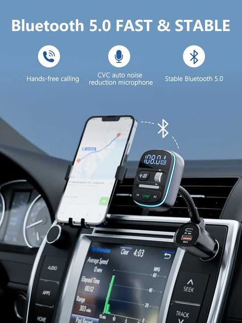 LENCENT Bluetooth FM Transmitter PD 30W, Bluetooth Car Adapter with QC3.0 Fast Charger, Hi-Fi Bass Music, Wireless