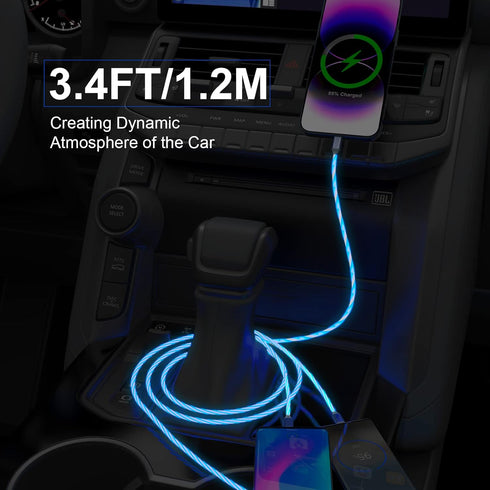 iPhone LED Light Up Flowing Charging Cable, 4Ft Multi 3 in 1 USB Universal Fast Charging Cord for Android/Apple