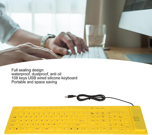 Foldable Silicone Keyboard, 108 Keys Waterproof Rollup USB Wired Keyboard for PC, Laptop, Notebook (Yellow)