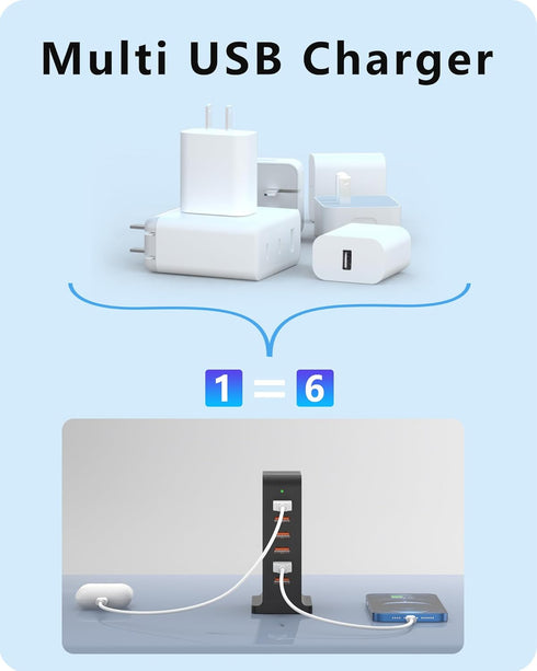 VPSUN USB Charger 6 Port 50W Multi USB Tower Charging Station for Multiple Devices, Black, for iPhone 15/14/14 Pro/14