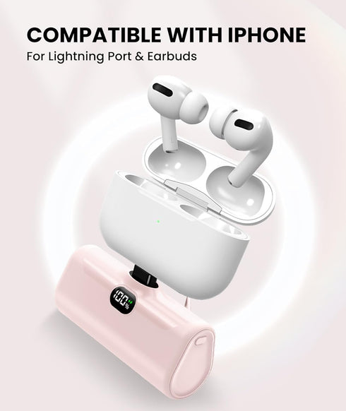 Pink Small Portable Charger for Lightning with Built-in Metal Stand, Lightweight Power Bank 5000mAh with Digital