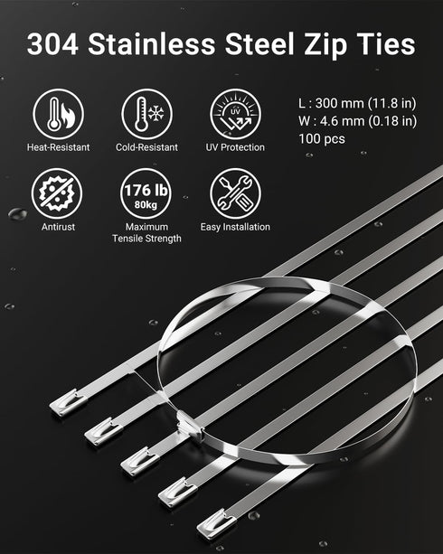 100 11.8 Inch 304 Metal Zip Tie Tool with PCS Stainless Steel Zip Ties, Heavy Duty Zip Tie Cutter and Tighter