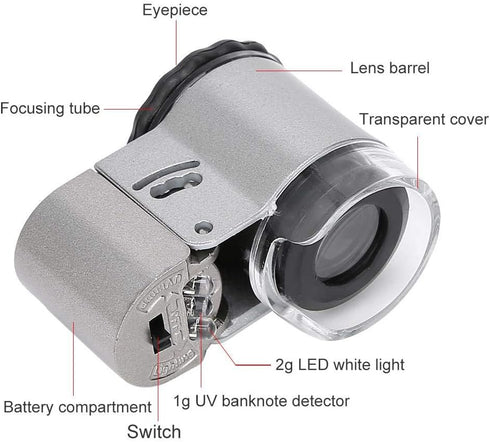 Mini Microscope, 50X Portable Subminiature Magnifier with LED Light for Jewelry Appraisal