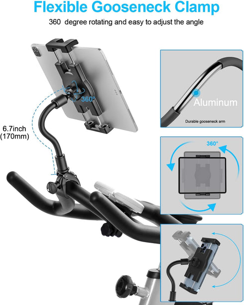 woleyi Gooseneck Spin Bike Tablet Mount, Indoor Exercise Bicycle Tablet Holder for iPad Pro 12.9/Air/Mini