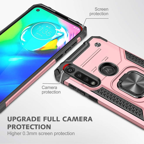 Moto G Power Case with Screen Protector, Tough Shockproof Hard Rubber Bumper with 360 Rotation Ring Kickstand