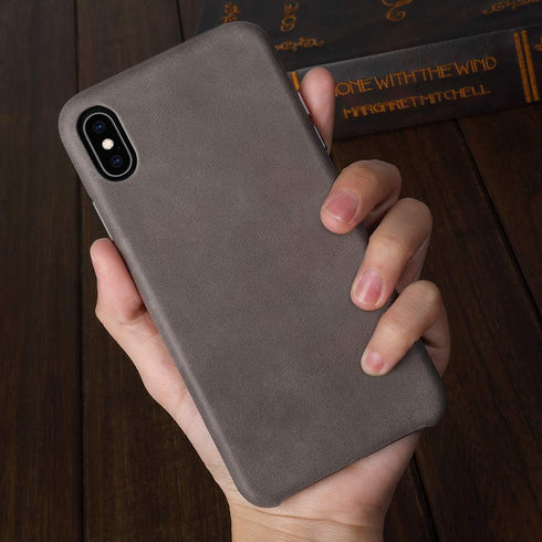 TOOVREN for iPhone X Leather Case, Ultra Thin Vintage Anti-Slip Grip Shell Hard Back Cover, Gray