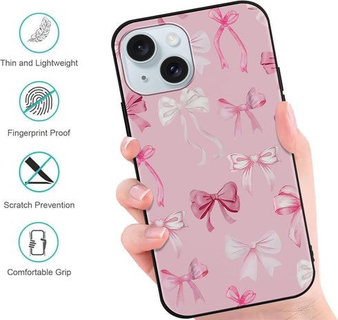 Aoldimu 15 6.1",Pink 15 Bow Phone Case for iPhone Aesthetic Cute Ribbon Bowknot Pattern Print Design Girly Cover
