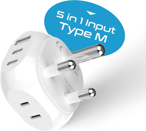 Ceptics South Africa Travel Adapter - 5 Input with QC 3.1A Dual USB and USB-C - Ultra Compact - Light Weight - USA to Any Type M Countries Such as Namibia, Botswana and More (PTU-10L), White