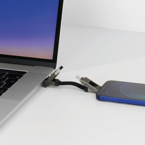 Rolling Square inCharge 6 - 6-in-1 Keychain USB C, Lightning & Micro-USB Charger, 15W Universal Cable, Gray.