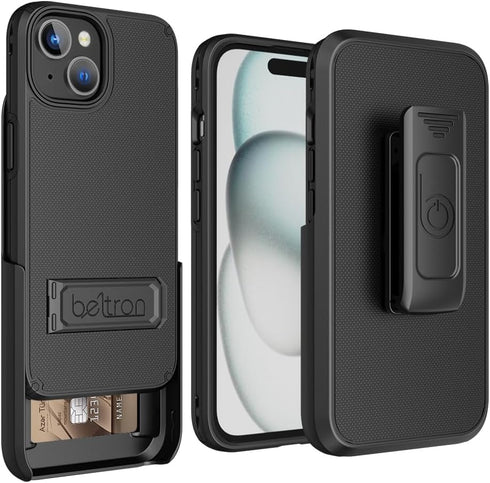 BELTRON Case Holster Combo for iPhone 15, Slim Protective Full Body Grip Case & Swivel Belt Clip with Kickstand