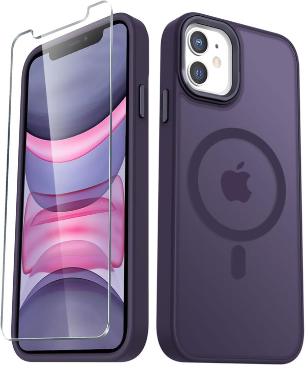 iPhone 11 Case: Matte Magnetic with 1 Screen Protector, Compatible with MagSafe, Translucent Frosted Slim Cover - Purple
