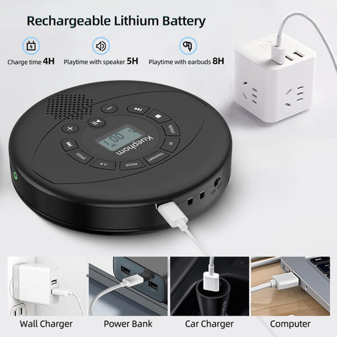 Kuephom Discman MP3, Portable CD Player Rechargeable with Speaker and Headphones, Walkman with Anti-Skip, CD-R, USB