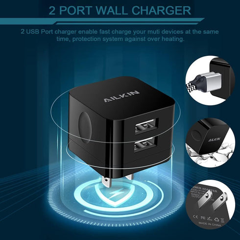 2Pack USB Wall Chargers, 2.4A Dual Port Fast Charger Block for iPhone, Samsung Galaxy, LG Stylo, Google Pixel
