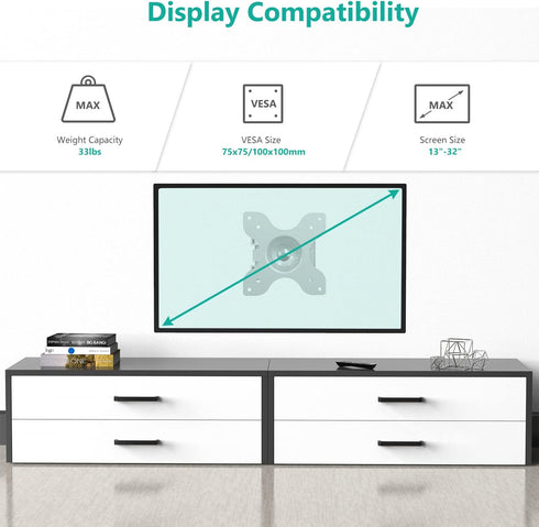 WALI 15 inch 13 32 inch 100x100mm (1330LM-W), TV Wall Mount Articulating LCD Monitor Full Motion Extension Arm Tilt